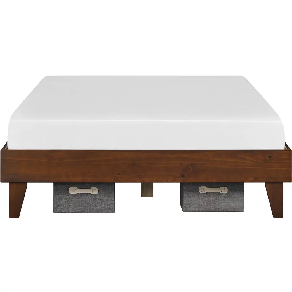 Queen Smoked Walnut Platform Bed Frame with Wood Slat Support T286