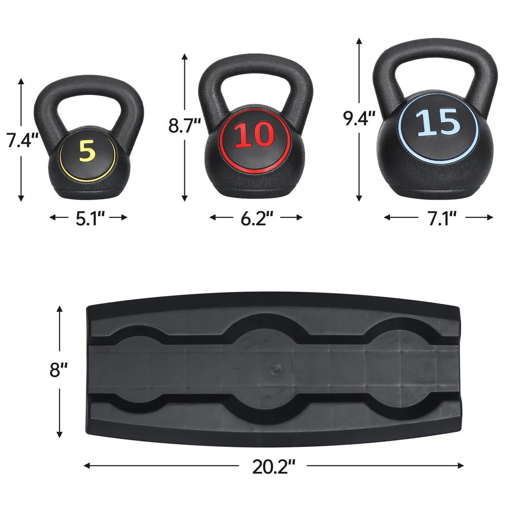 3 Piece 5lb 10lb 15lb Kettlebell Set with Storage Rack T8011