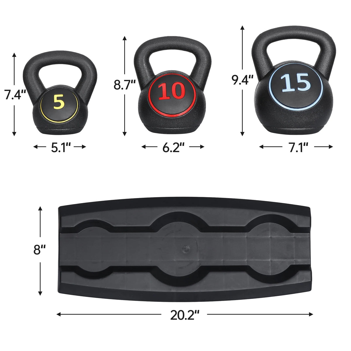 3 Piece 5lb 10lb 15lb Kettlebell Set with Storage Rack T8011