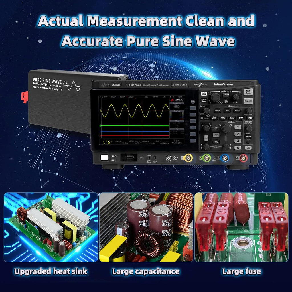 600W Pure Sine Wave Power Inverter DC 12V to AC 110V-130V with LCD Display and Wireless Remote Control W4694