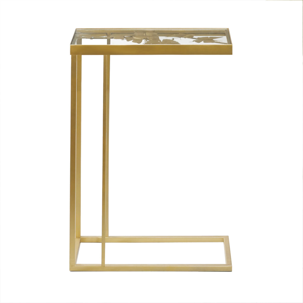 18" x 25" Gold Metal Accent Table with Clear Glass Top V945