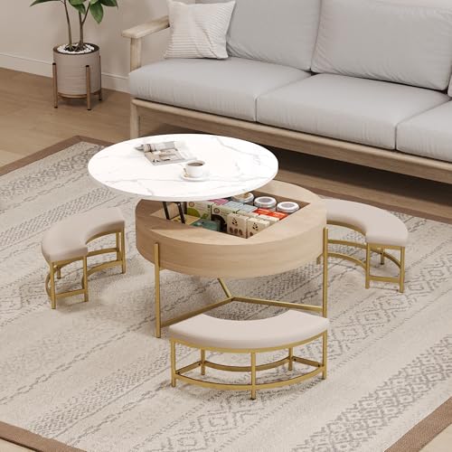 Round Lift-Top Coffee Table with Storage and 3 Ottoman V256
