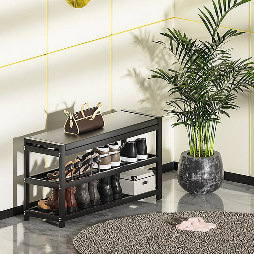 2-Tier Gray Shoe Rack Bench with Vegan Leather Seat K59660