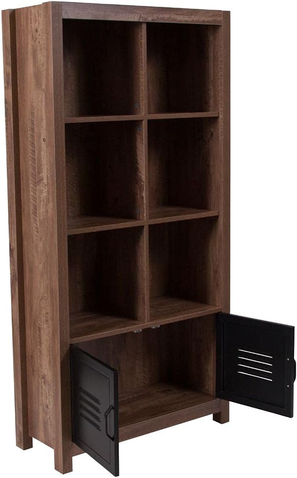 6 Cube Storage Organizer Bookcase with Metal Cabinet Doors in Crosscut Oak Wood Grain Finish Q848