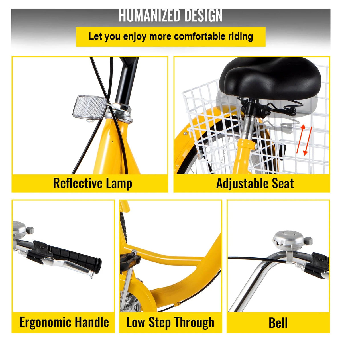 24 inch 1-Speed Yellow Adult Tricycle with Cargo Basket G363245