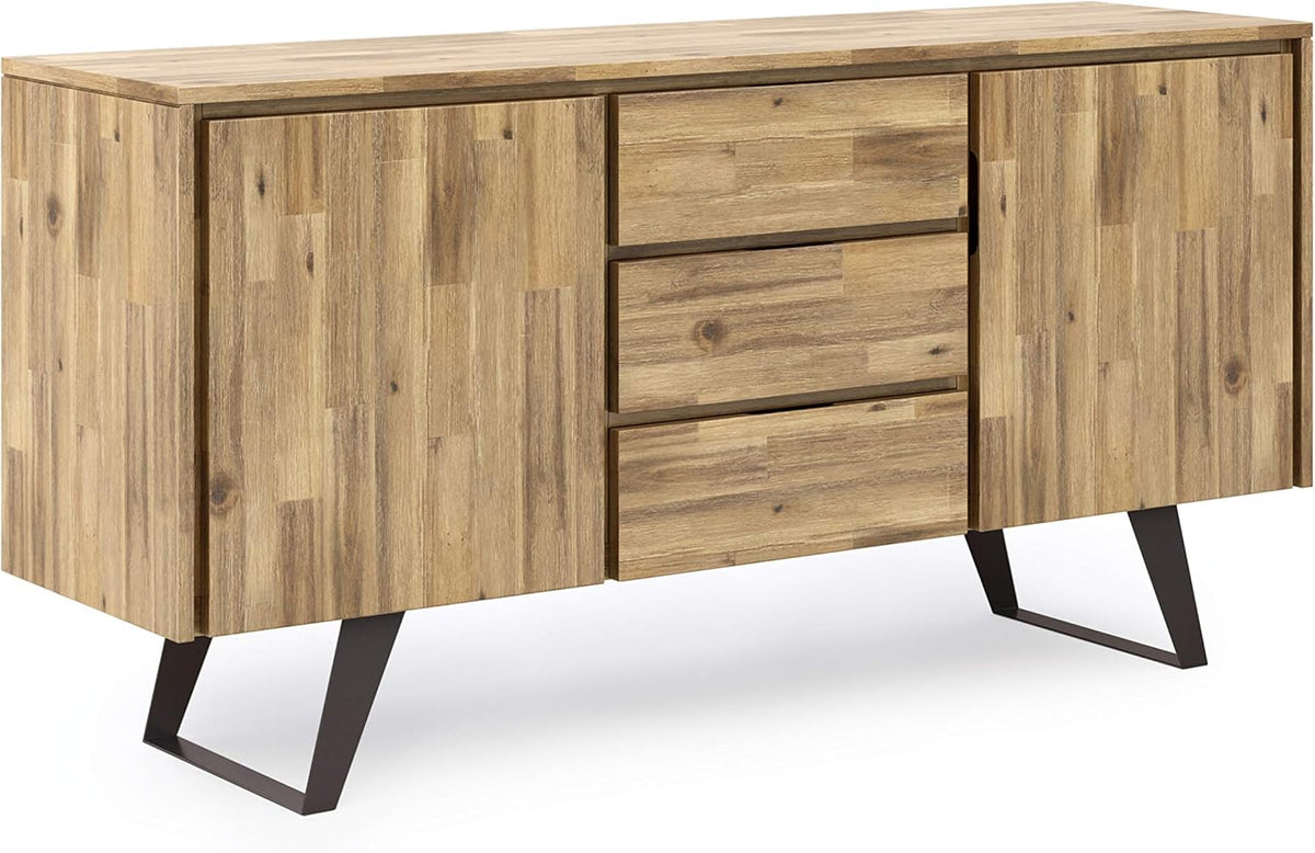 Rustic Natural Aged Brown Solid Acacia Wood and Metal Rectangle Sideboard Buffet with Storage Compartment and 3 Drawers G582