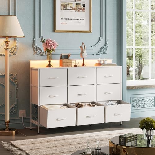 Black 9 Drawer Fabric Dresser with LED Lights and Charging Station G297