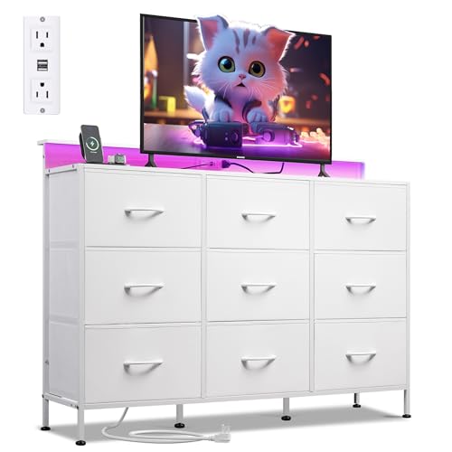 Black 9 Drawer Fabric Dresser with LED Lights and Charging Station G297