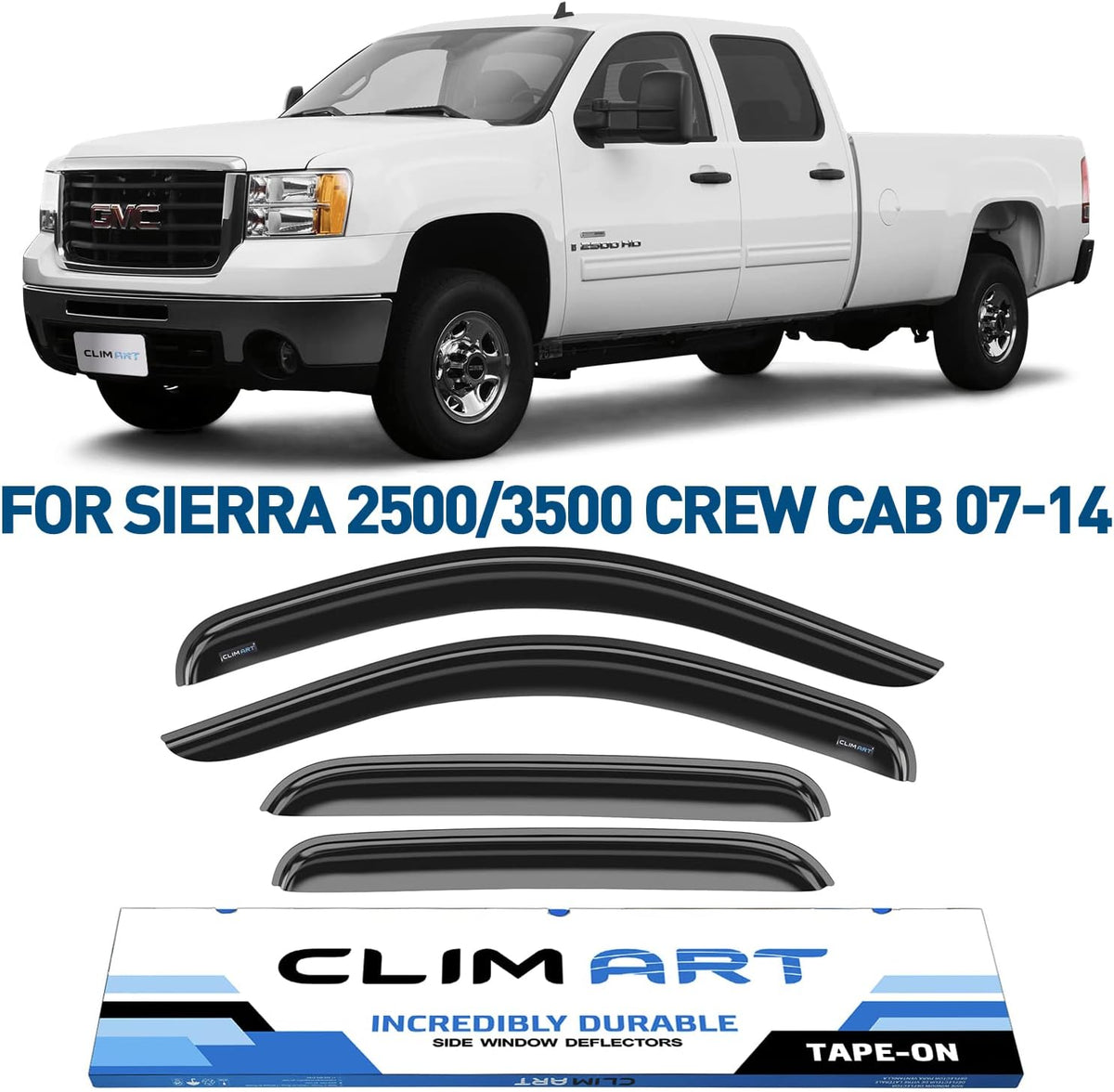 Rain Guards for GMC Sierra 2500HD/3500HD 2007-2014 Crew Cab, Tape-on Window Deflectors, 4pcs K950998