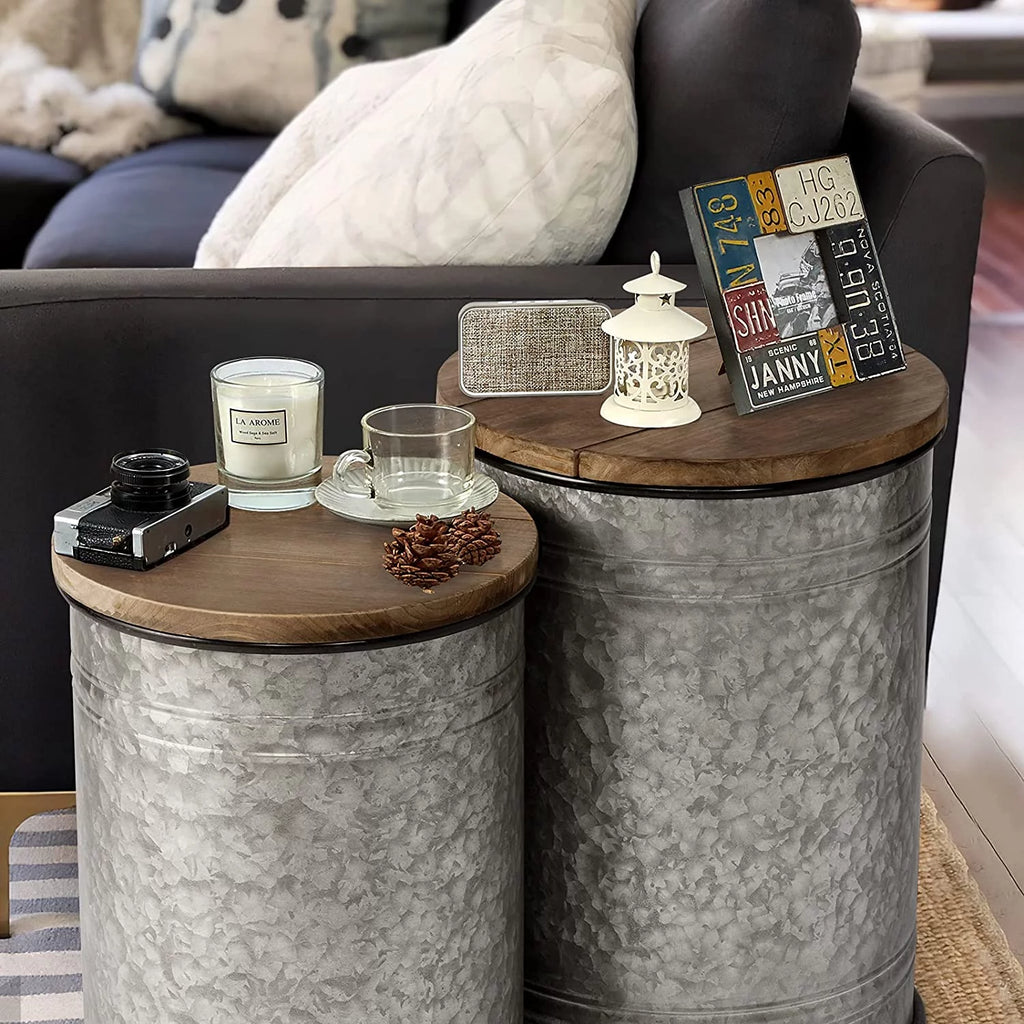 Rustic Storage Bins End Table Galvanized Metal Stool Ottoman Seat with Round Wood Lid Set of 2 Z7178
