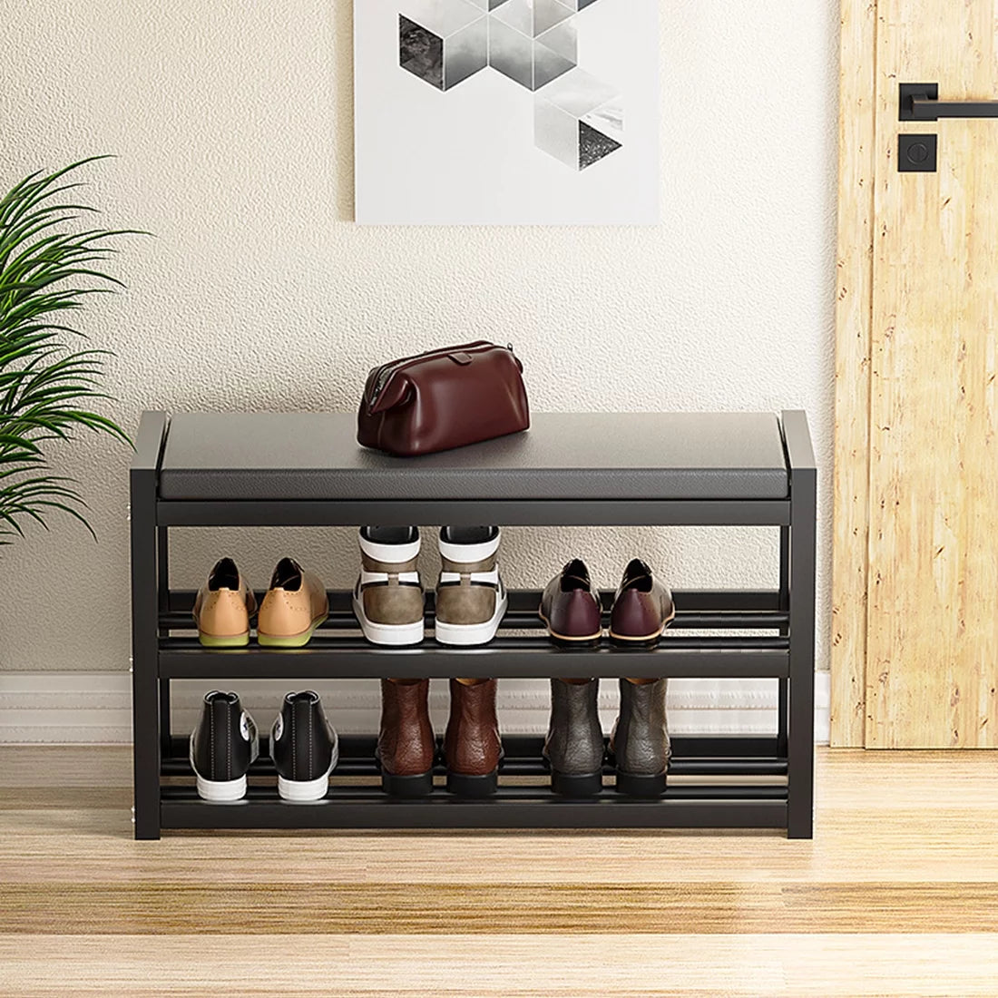 2-Tier Gray Shoe Rack Bench with Vegan Leather Seat K59660