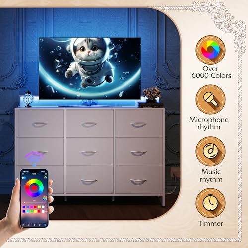 Black 9 Drawer Fabric Dresser with LED Lights and Charging Station G297