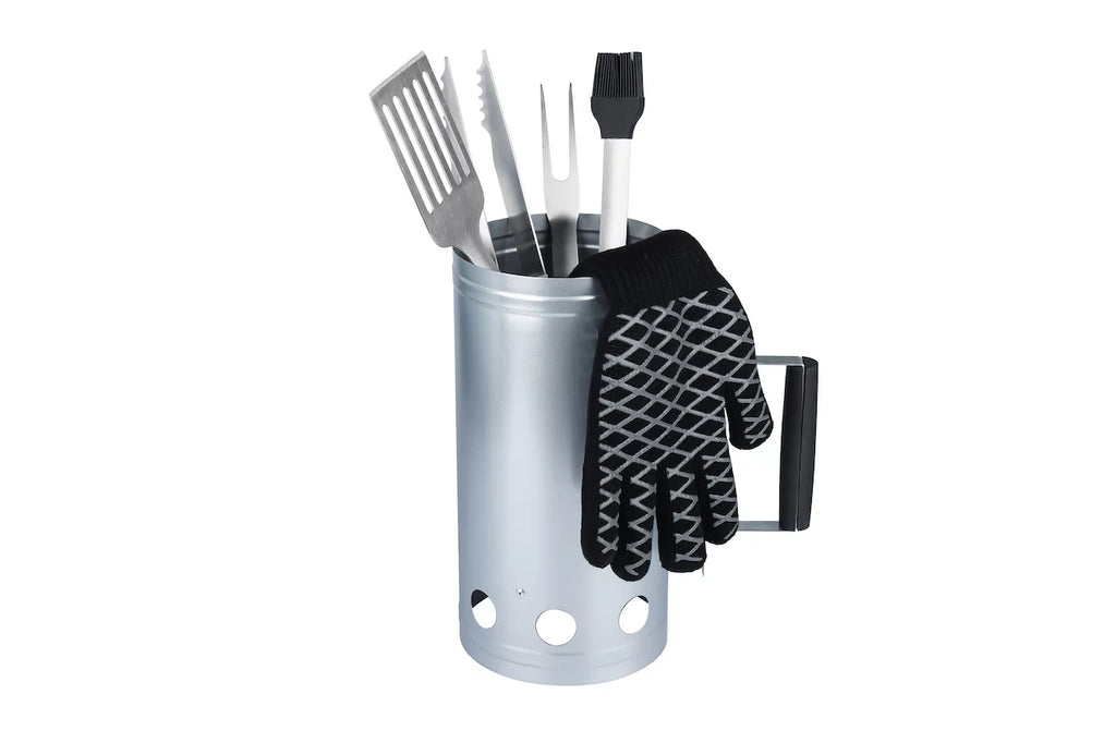 Steel Charcoal Chimney 6pc Value Set with Spatula, Basting Brush, BBQ Fork, Tongs and Heat Resistant Glove N837373