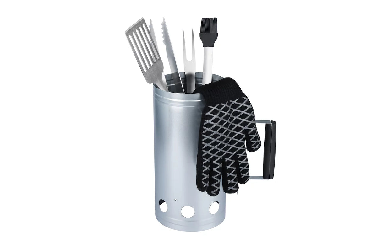 Steel Charcoal Chimney 6pc Value Set with Spatula, Basting Brush, BBQ Fork, Tongs and Heat Resistant Glove N837373