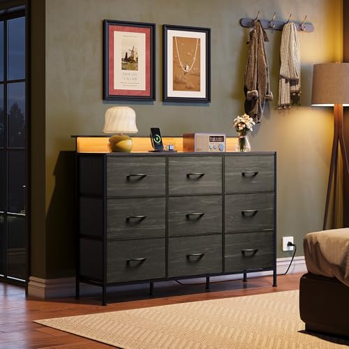 Black 9 Drawer Fabric Dresser with LED Lights and Charging Station G297