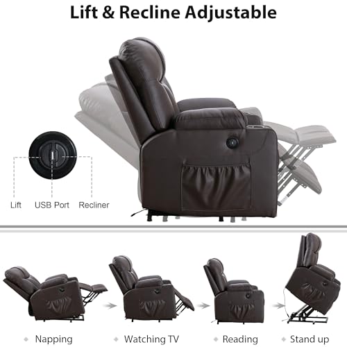 Brown Faux Leather Oversized Power Lift Recliner Chair with Heated and Massage N1816