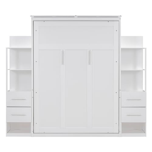 White Full Size Wood Murphy Bed with Shelves and LED Lights Z729777