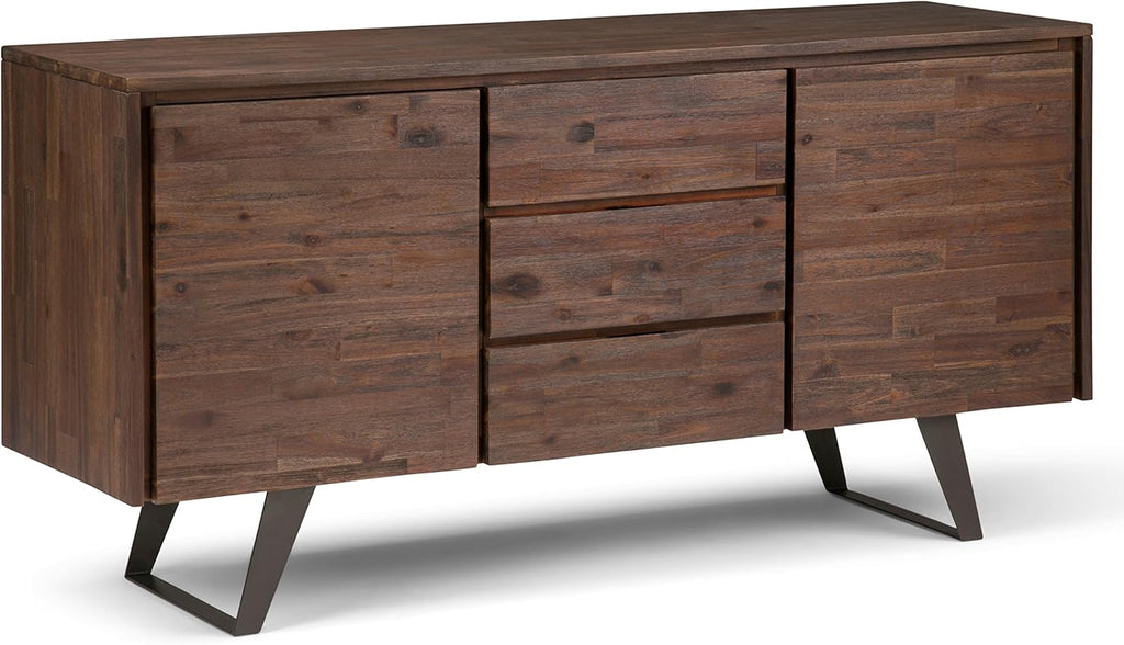 Rustic Natural Aged Brown Solid Acacia Wood and Metal Rectangle Sideboard Buffet with Storage Compartment and 3 Drawers G582