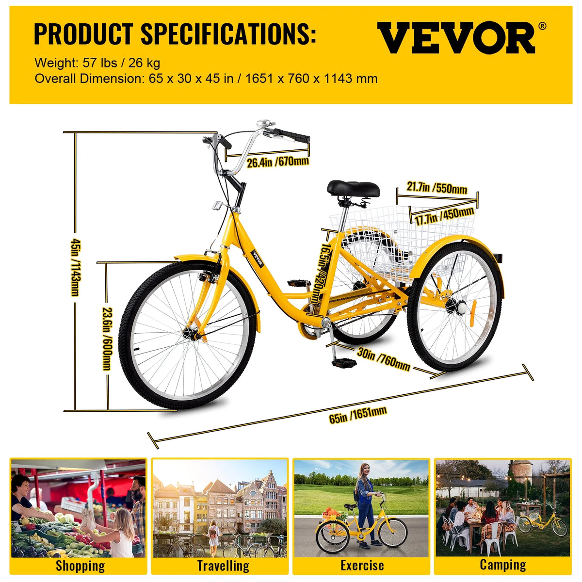24 inch 1-Speed Yellow Adult Tricycle with Cargo Basket G363245