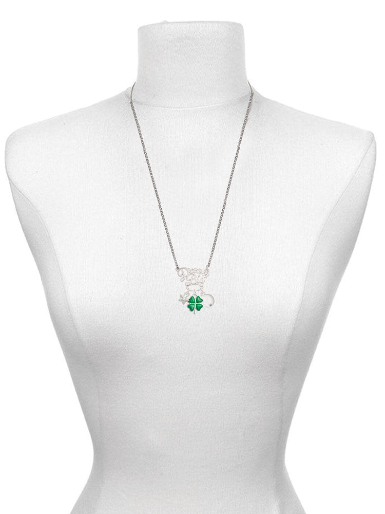 Silvertone Translucent Green Four Leaf Clover Pendant Necklace, 25" G25636