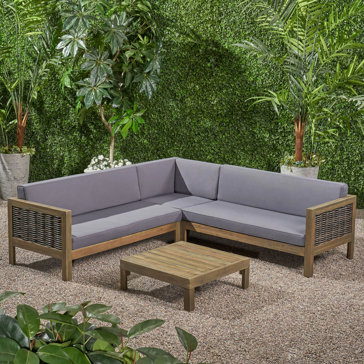 Acacia Wood Wicker 5 Seater Sectional Sofa Set with Cushions O26166