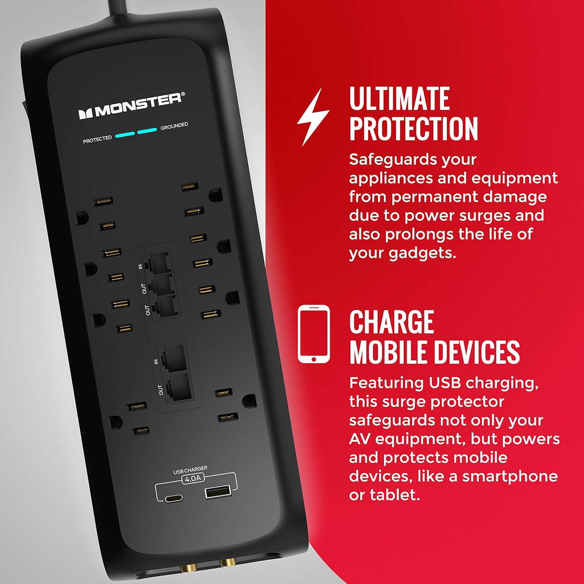 Power Strip Surge Protector with USB Ports, 8 Plug-ins and 2 USB, Pack of 2 V8292