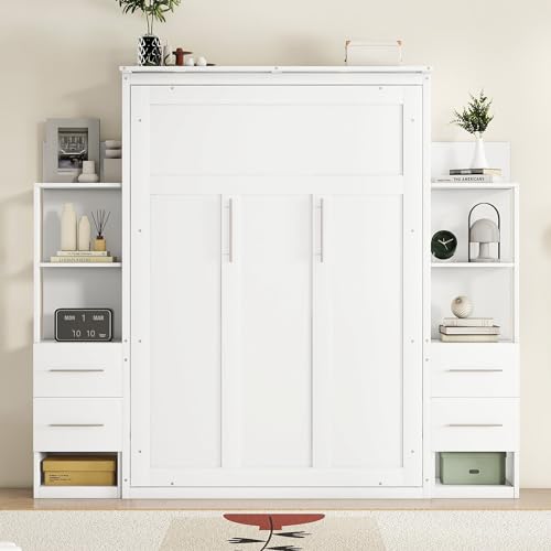 White Full Size Wood Murphy Bed with Shelves and LED Lights Z729777