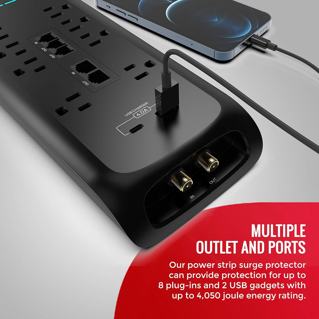 Power Strip Surge Protector with USB Ports, 8 Plug-ins and 2 USB, Pack of 2 V8292