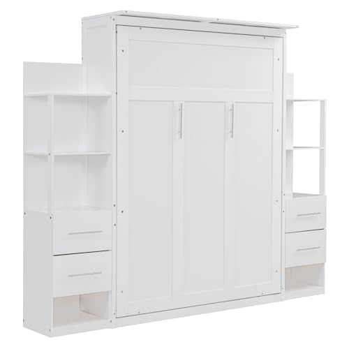 White Full Size Wood Murphy Bed with Shelves and LED Lights Z729777