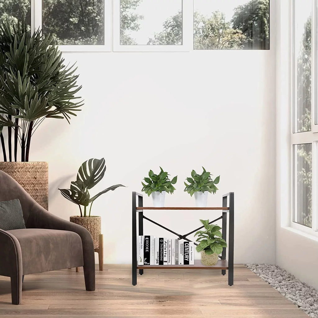 2-Tier Ash Grey Wood Bookshelf with Metal Frame C173211