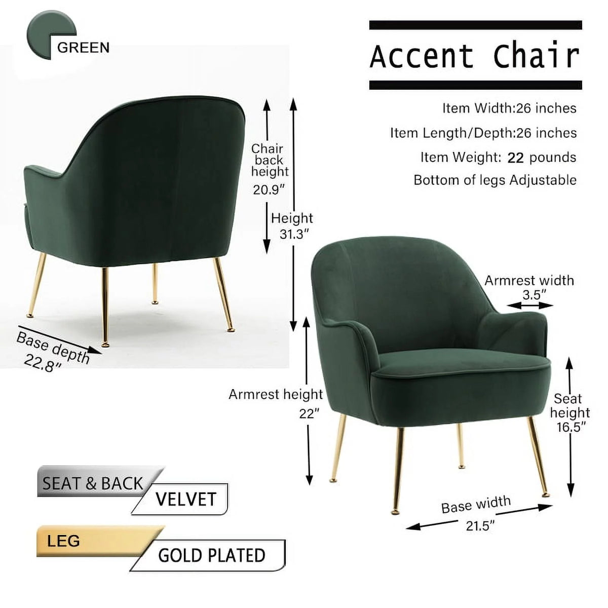 Dark Green Velvet Accent Chair with Gold Legs E898827