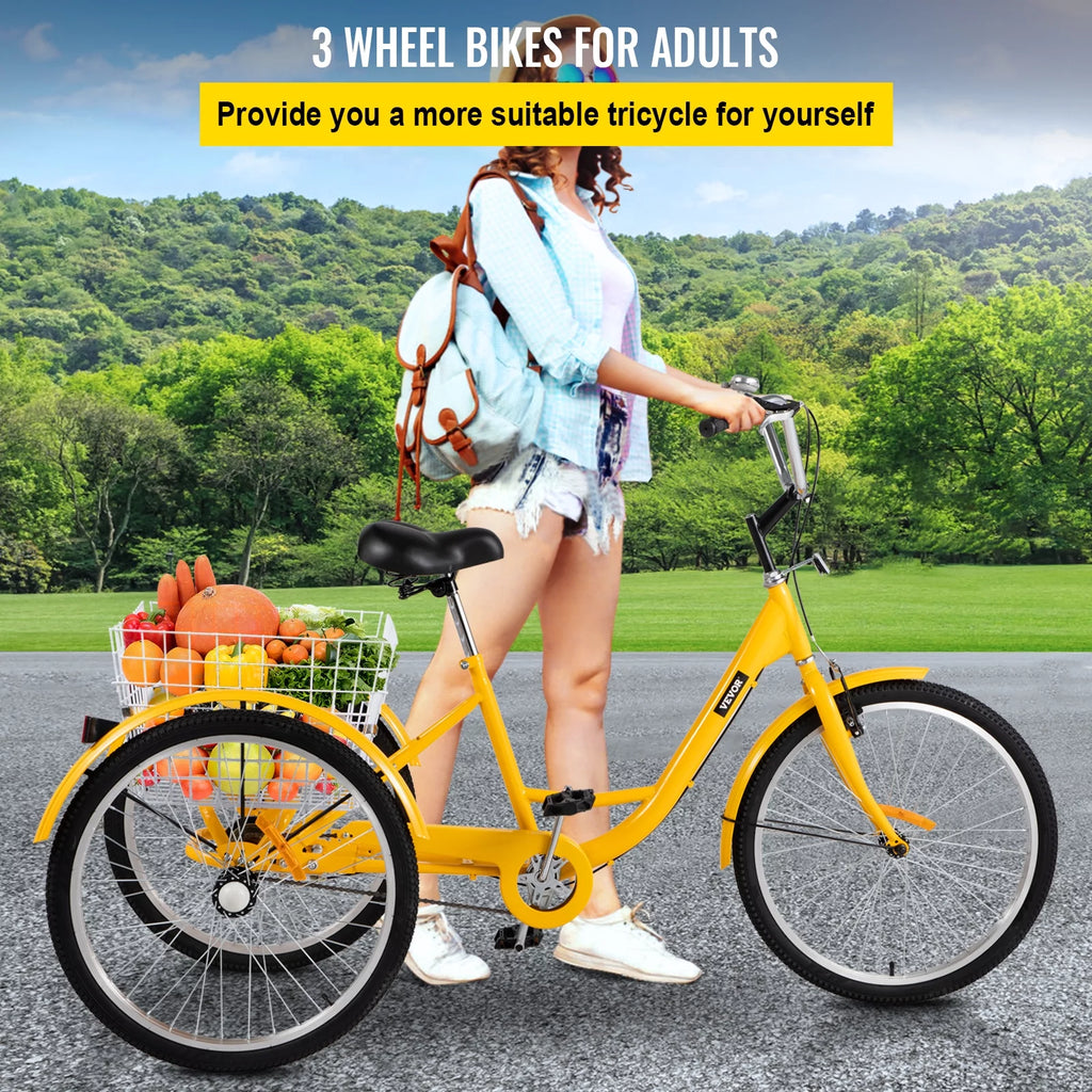 24 inch 1-Speed Yellow Adult Tricycle with Cargo Basket G363245