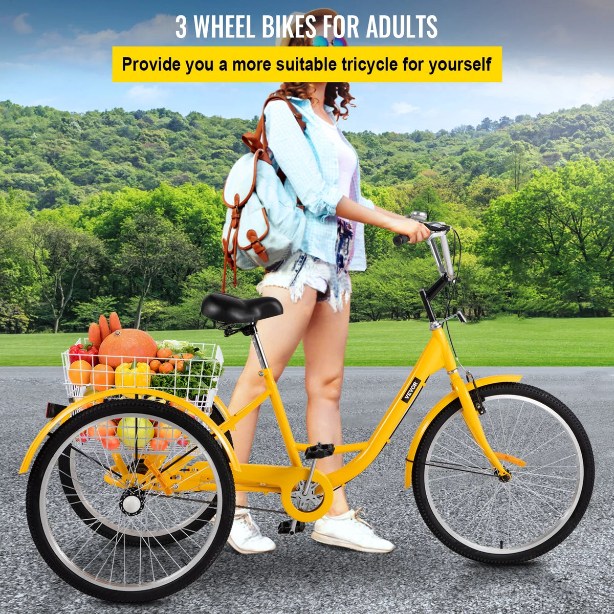 24 inch 1-Speed Yellow Adult Tricycle with Cargo Basket G363245