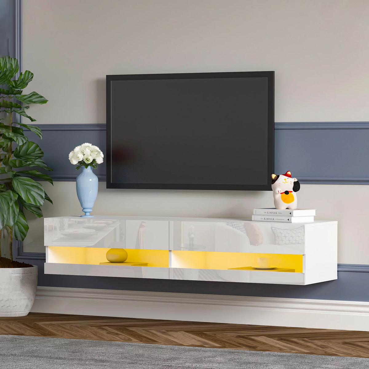 White High Gloss Wall Mounted TV Stand with LED Lights I8029