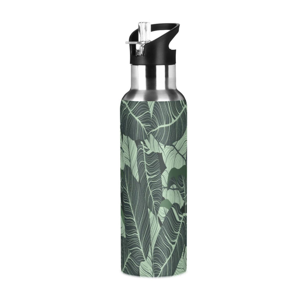 Tropical Green Leaves Stainless Steel Insulated Water Bottle with Straw Lid I5372