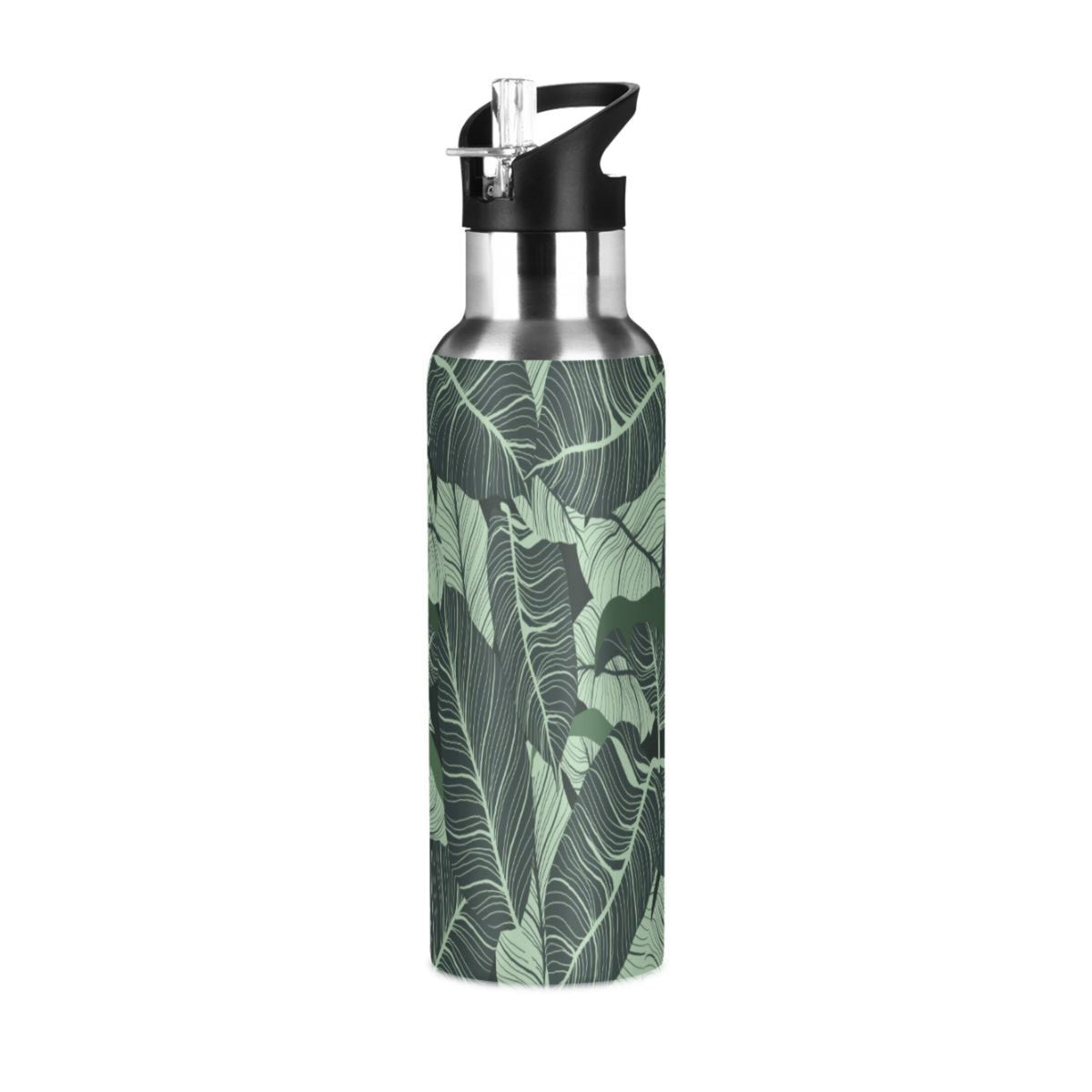 Tropical Green Leaves Stainless Steel Insulated Water Bottle with Straw Lid I5372