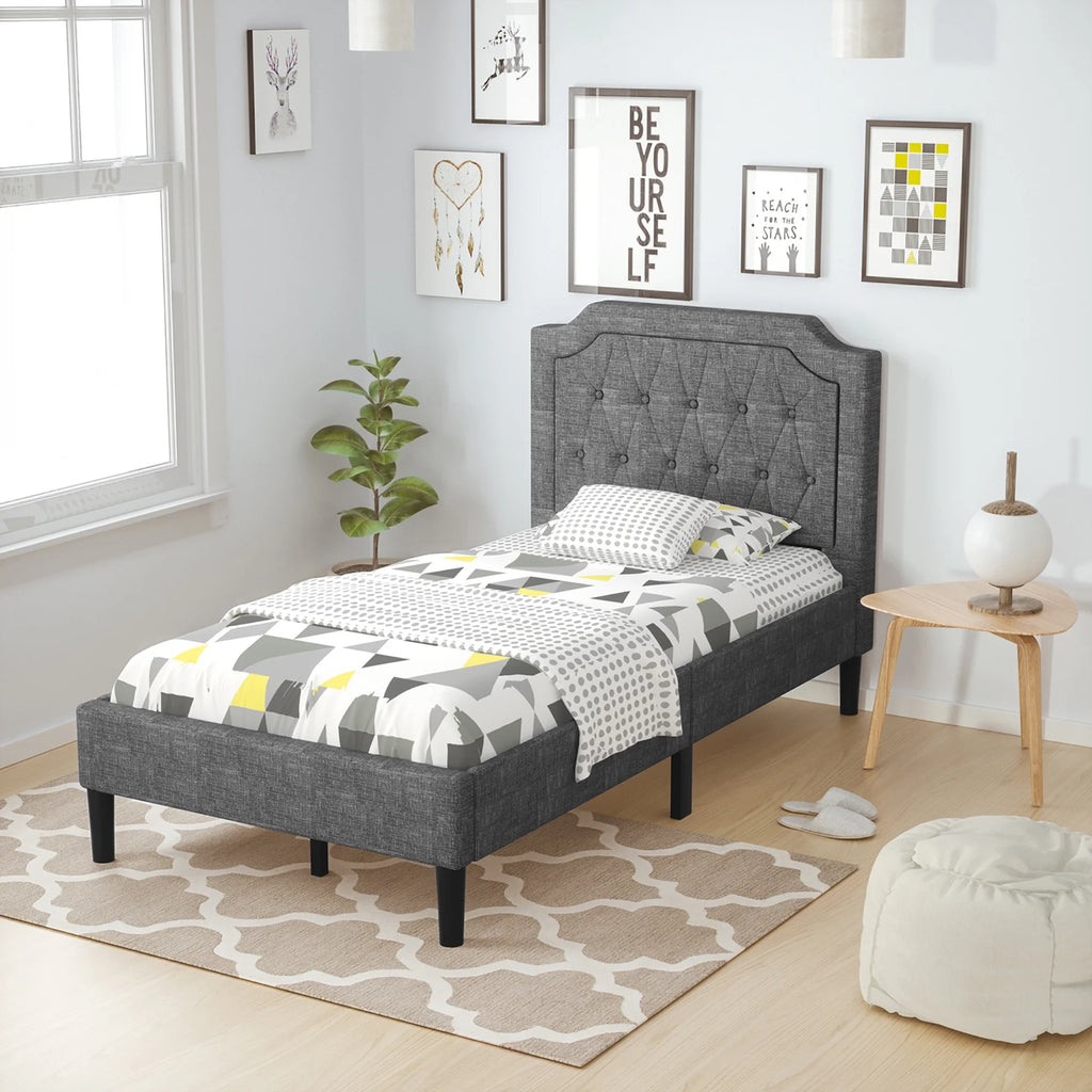 Twin Upholstered Platform Bed Frame with Linen Headboard, Grey D2267