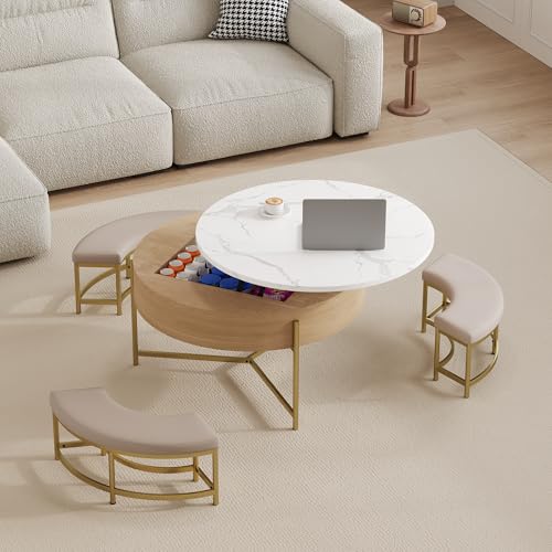 Round Lift-Top Coffee Table with Storage and 3 Ottoman V256