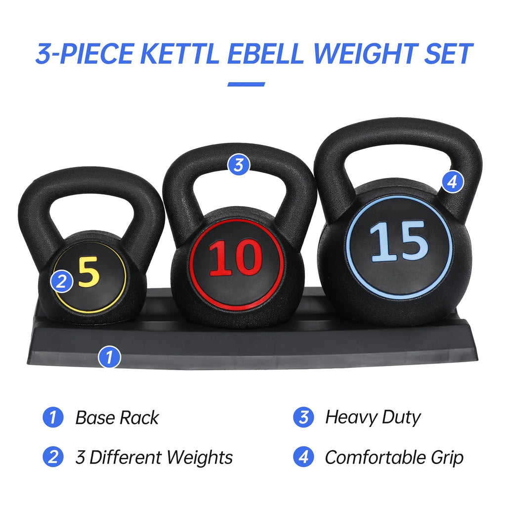 3 Piece 5lb 10lb 15lb Kettlebell Set with Storage Rack T8011