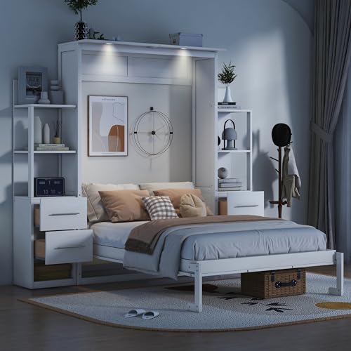 White Full Size Wood Murphy Bed with Shelves and LED Lights Z729777
