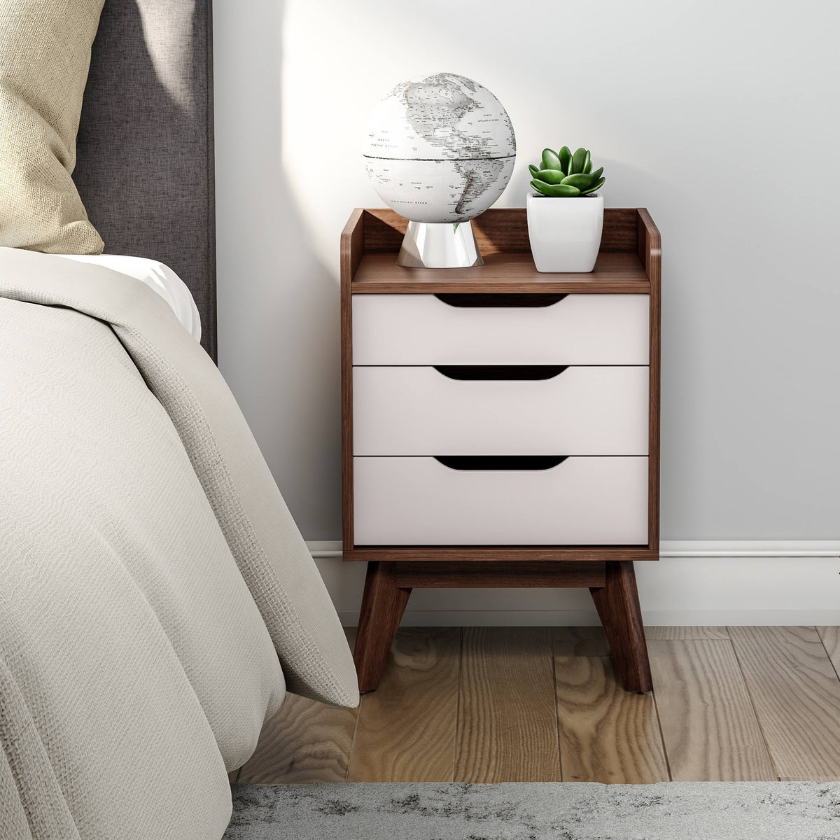 White and Walnut 3-Drawer Nightstand Q632
