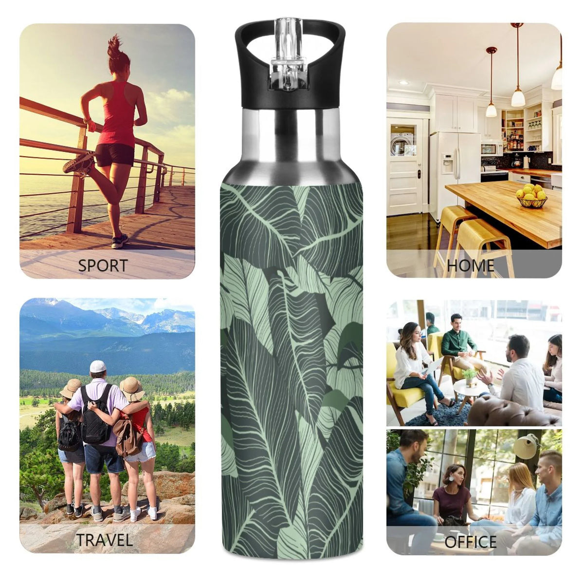 Tropical Green Leaves Stainless Steel Insulated Water Bottle with Straw Lid I5372