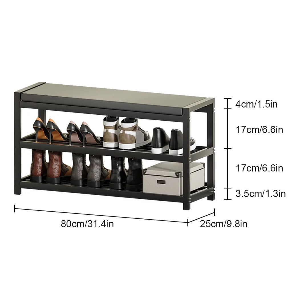 2-Tier Gray Shoe Rack Bench with Vegan Leather Seat K59660