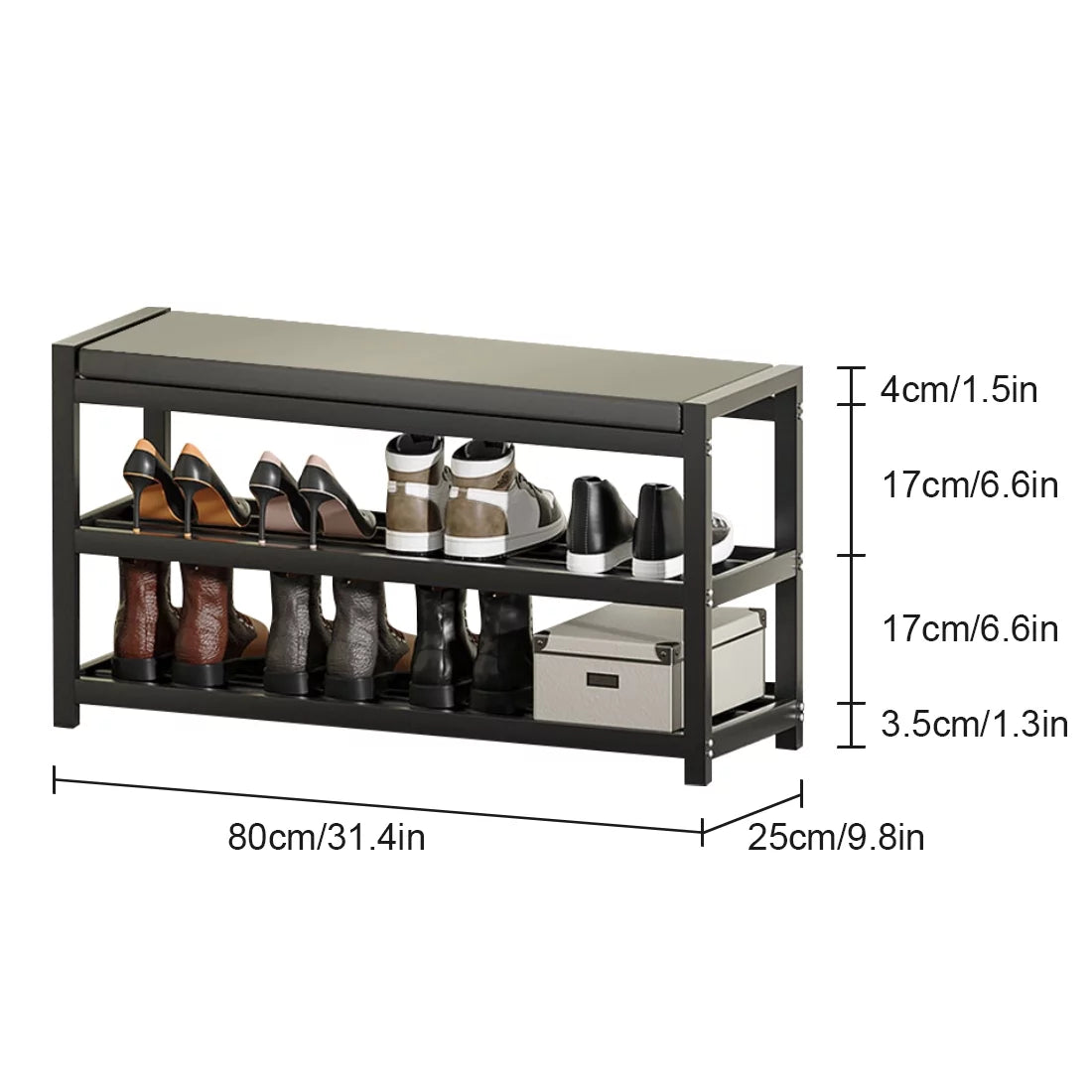 2-Tier Gray Shoe Rack Bench with Vegan Leather Seat K59660