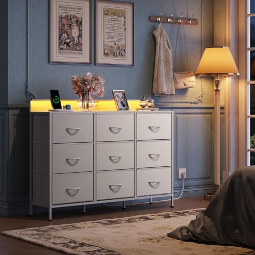 Black 9 Drawer Fabric Dresser with LED Lights and Charging Station G297