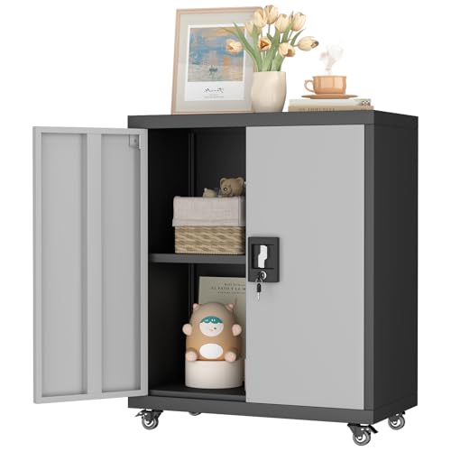 Metal Garage Storage Cabinet with Wheels and Adjustable Shelves P637158