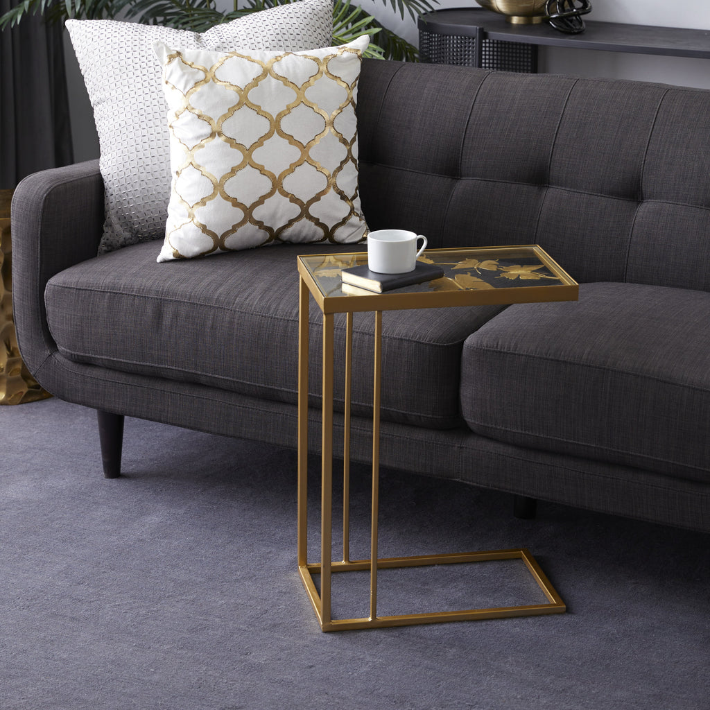18" x 25" Gold Metal Accent Table with Clear Glass Top V945