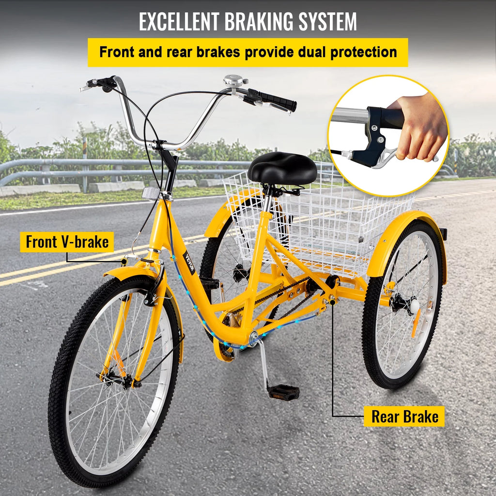 24 inch 1-Speed Yellow Adult Tricycle with Cargo Basket G363245