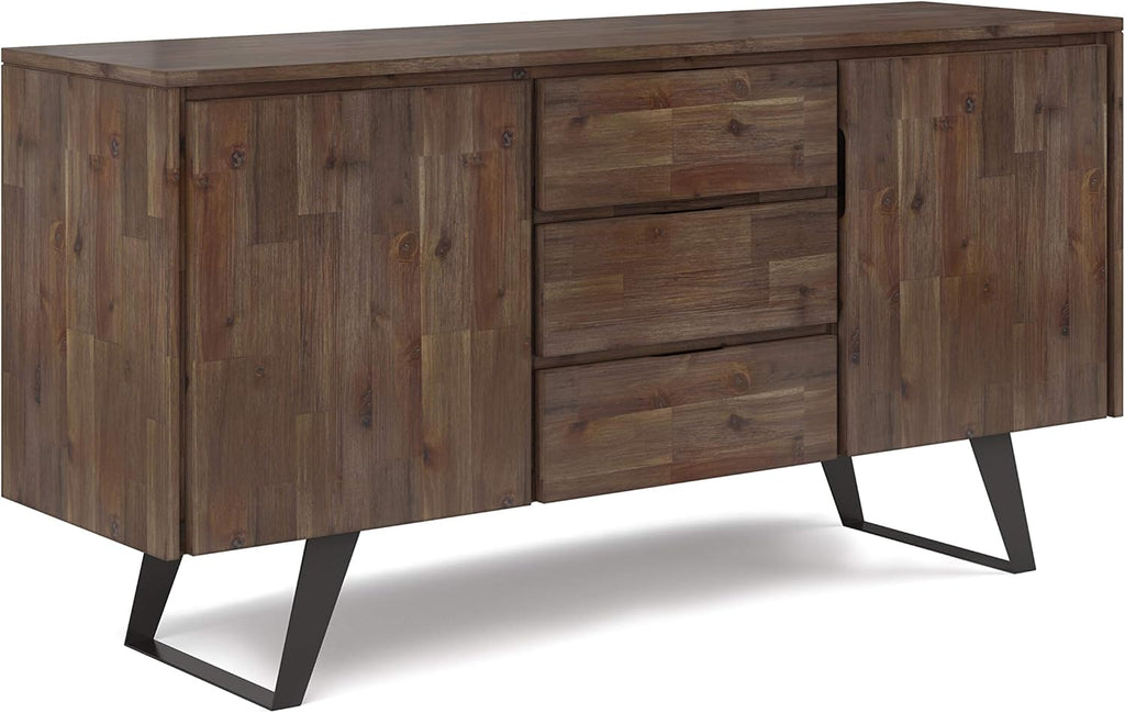 Rustic Natural Aged Brown Solid Acacia Wood and Metal Rectangle Sideboard Buffet with Storage Compartment and 3 Drawers G582