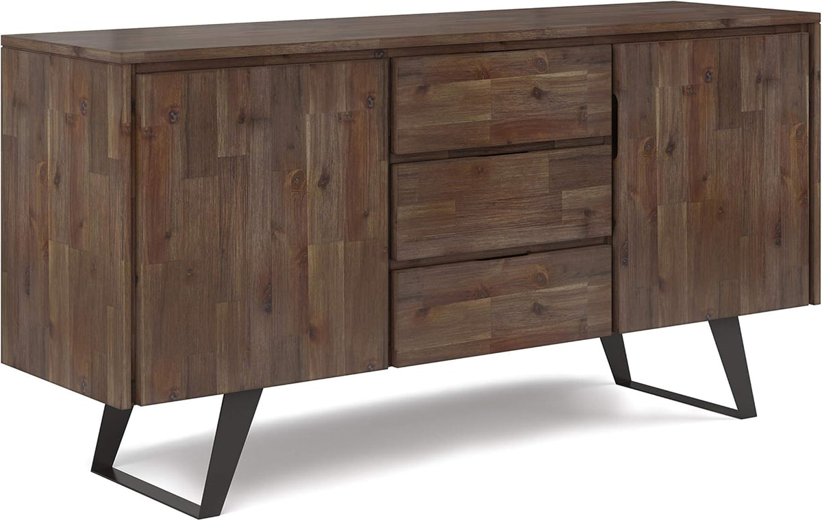 Rustic Natural Aged Brown Solid Acacia Wood and Metal Rectangle Sideboard Buffet with Storage Compartment and 3 Drawers G582